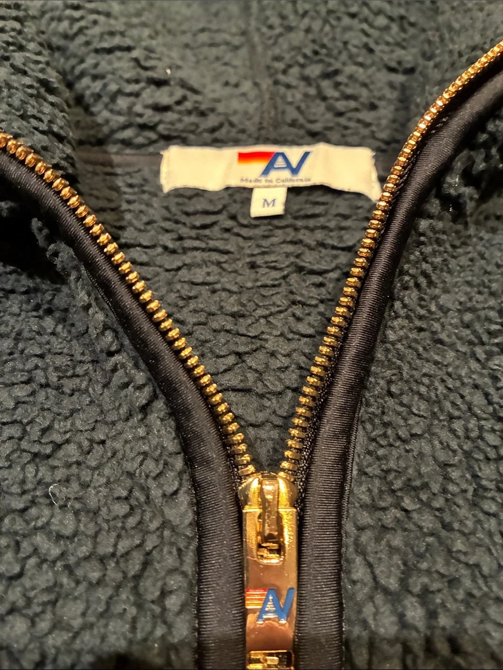 Aviator Nation Navy Blue Sherpa Zip Hoodie with Subtle Multicolor Logo